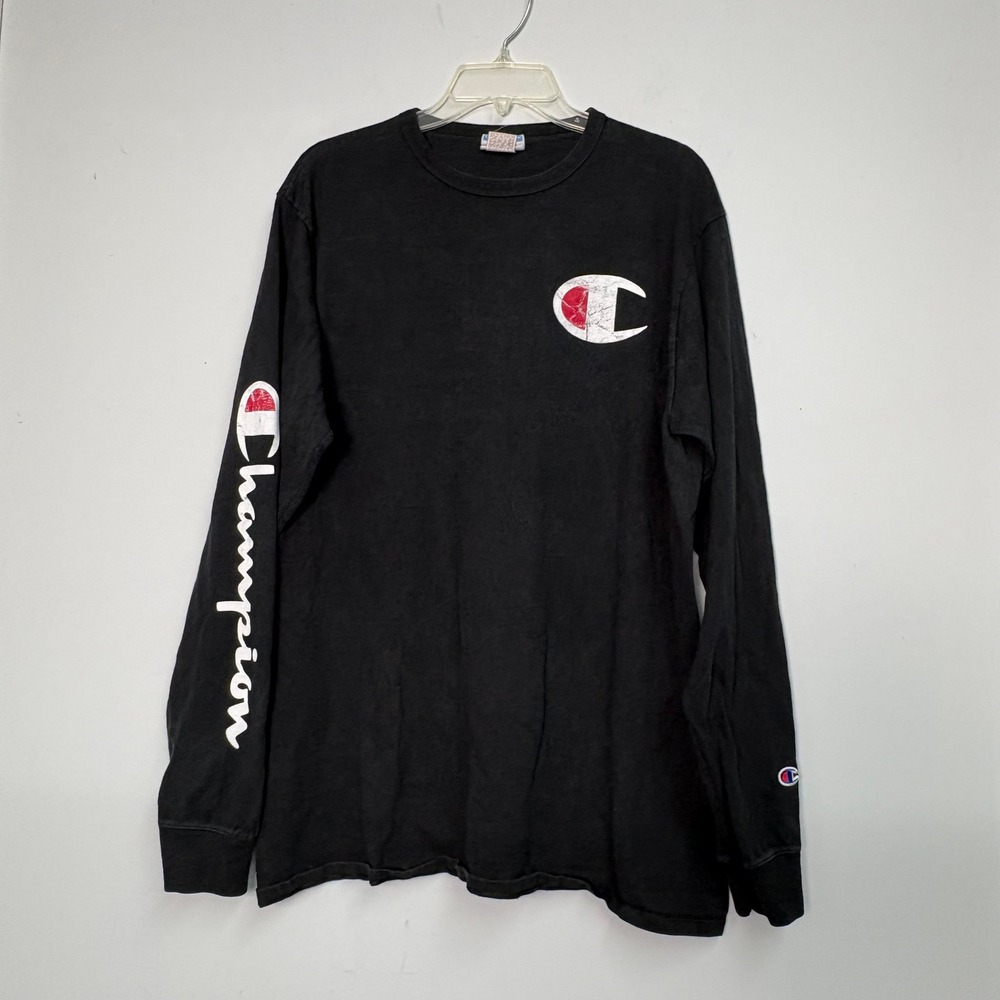 Champion‎ Mens Long Sleeve Graphic T-Shirt Black Distressed Logo XL GT477 BKC